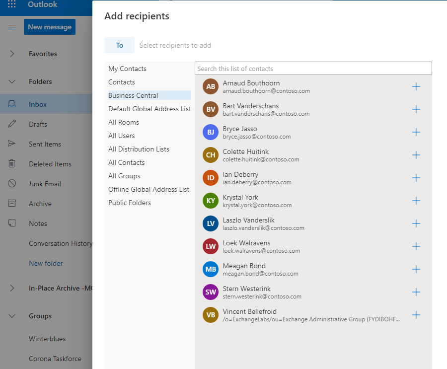 Add recepients in outlook integration for Business Central